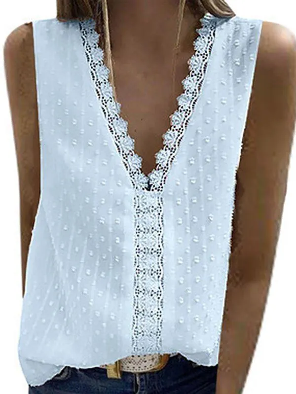 V Neck Tank Top Womens Swiss Dot Lace Trim Shirt