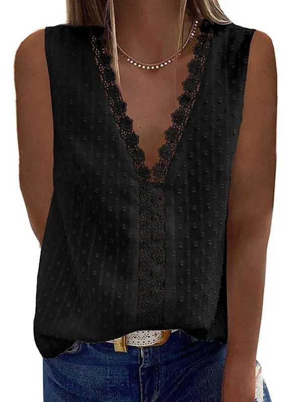 V Neck Tank Top Womens Swiss Dot Lace Trim Shirt