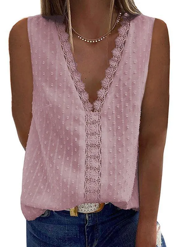 V Neck Tank Top Womens Swiss Dot Lace Trim Shirt