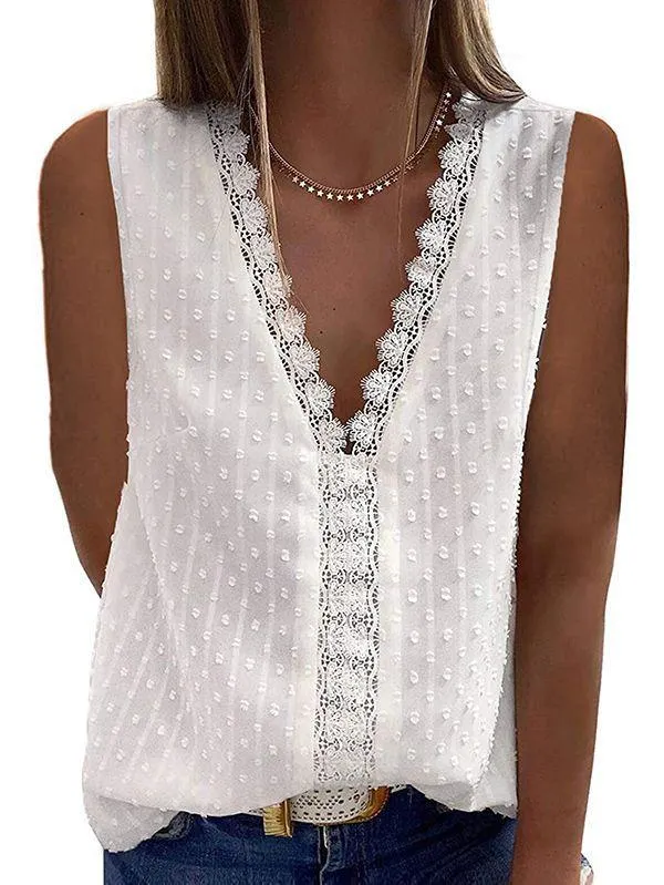 V Neck Tank Top Womens Swiss Dot Lace Trim Shirt