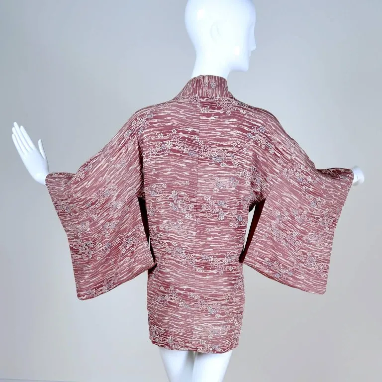 Vintage Japanese Haori Kimono Jacket w/ Hand Dyed Silk & Cherry Blossom Print