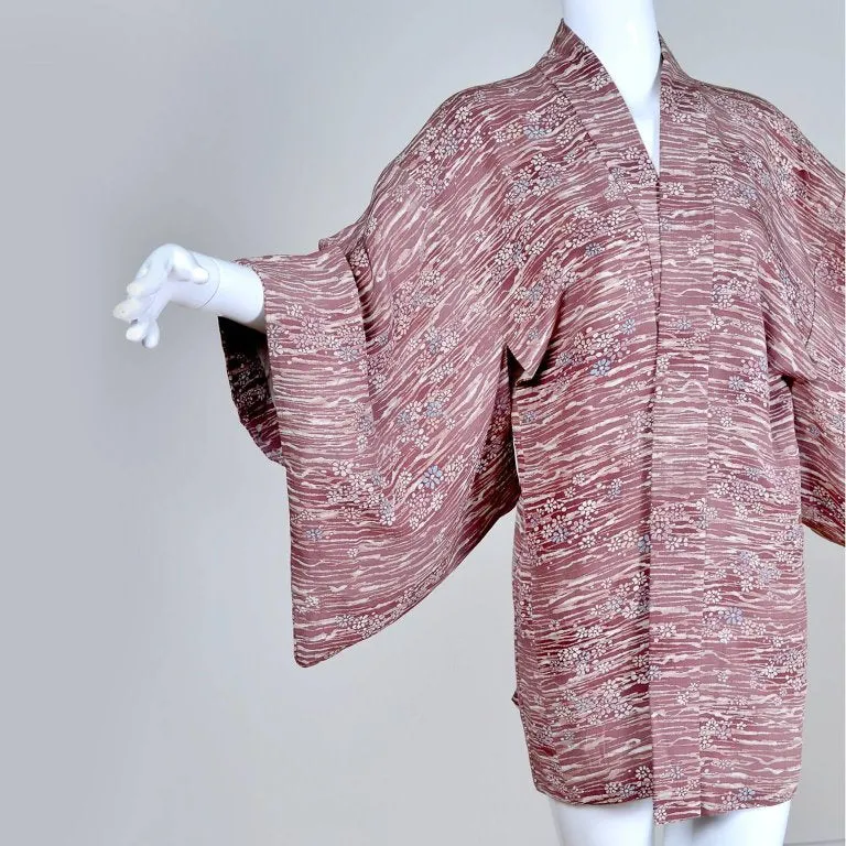 Vintage Japanese Haori Kimono Jacket w/ Hand Dyed Silk & Cherry Blossom Print