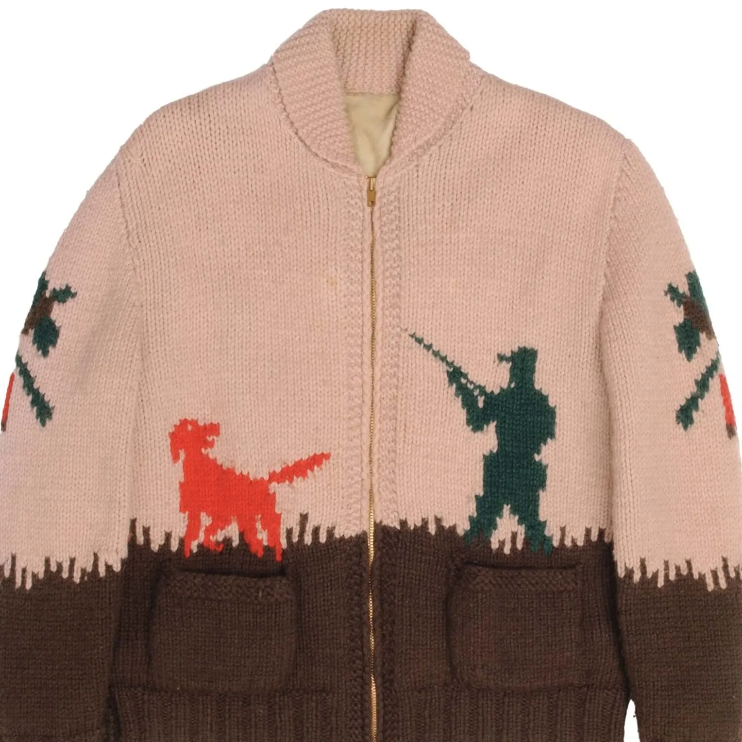 VINTAGE PHEASANT HUNTING WOOL KNIT COWICHAN CARDIGAN JACKET LARGE 1960s