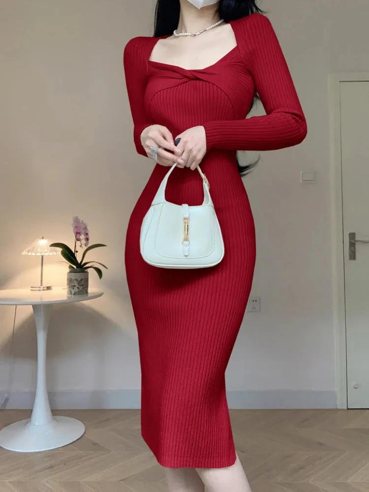 Vintage Pullover Knitted Sweater Bow Midi Dresses Square Collar Sexy Bodycon Dress for Women Clothing Elegant Autumn Winter