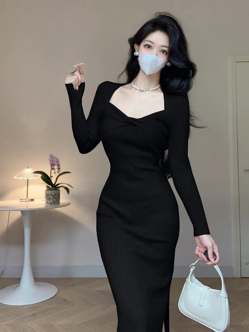 Vintage Pullover Knitted Sweater Bow Midi Dresses Square Collar Sexy Bodycon Dress for Women Clothing Elegant Autumn Winter