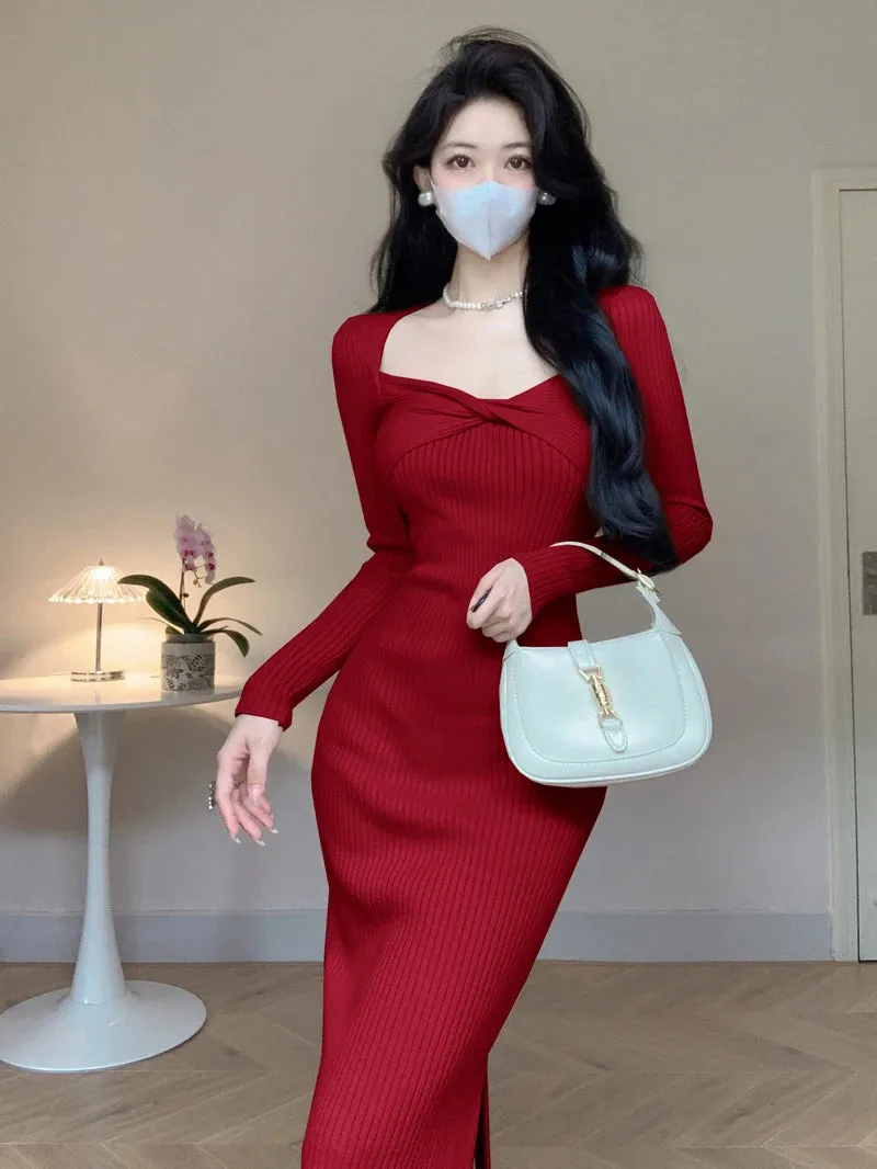 Vintage Pullover Knitted Sweater Bow Midi Dresses Square Collar Sexy Bodycon Dress for Women Clothing Elegant Autumn Winter