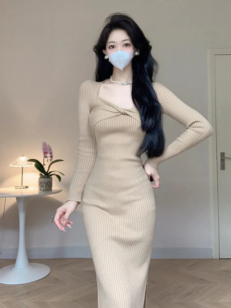 Vintage Pullover Knitted Sweater Bow Midi Dresses Square Collar Sexy Bodycon Dress for Women Clothing Elegant Autumn Winter