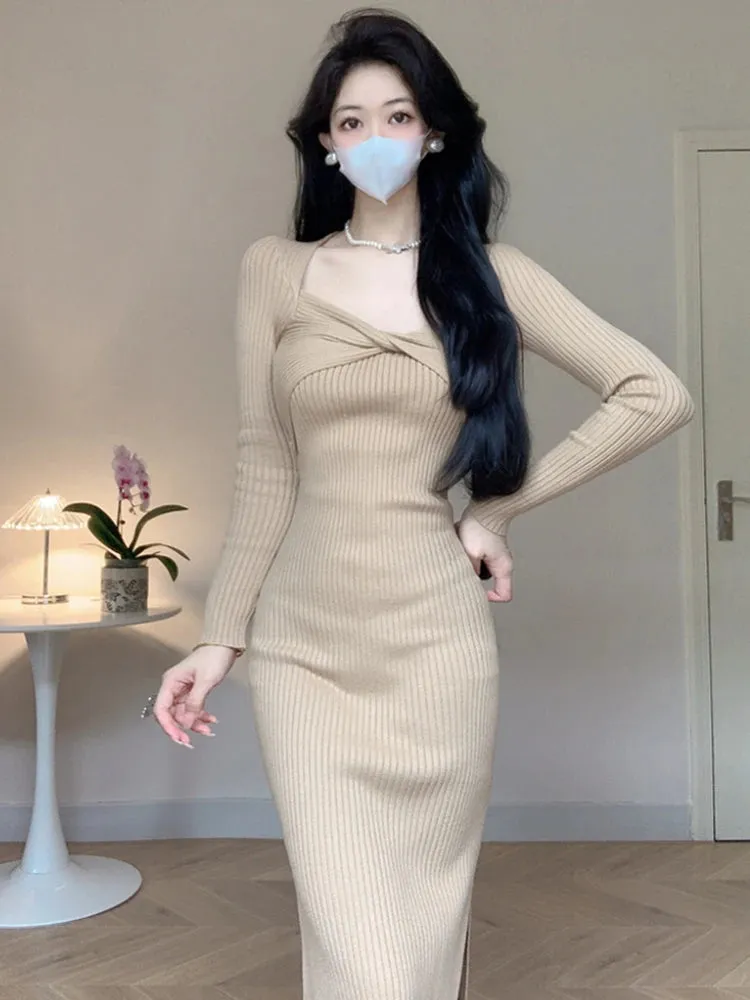 Vintage Pullover Knitted Sweater Bow Midi Dresses Square Collar Sexy Bodycon Dress for Women Clothing Elegant Autumn Winter