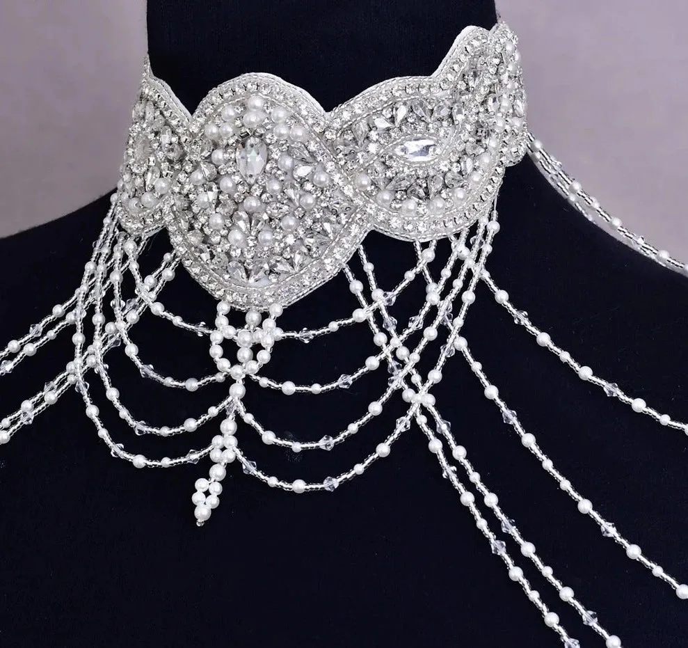 Wedding Shoulder Chain Necklace Rhinestone Beaded Pearls Bridal Body Chain