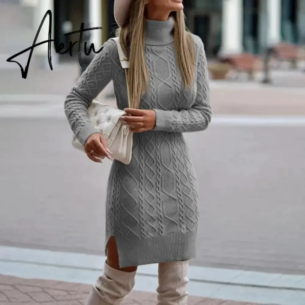 WEPBEL Women Elegant Autumn Winter Knitted Sweater Dress Casual Ladies Solid Color Long Sleeve Turtleneck Split Bodycon Dress