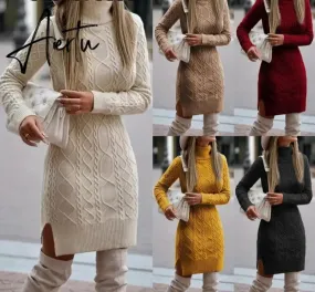 WEPBEL Women Elegant Autumn Winter Knitted Sweater Dress Casual Ladies Solid Color Long Sleeve Turtleneck Split Bodycon Dress