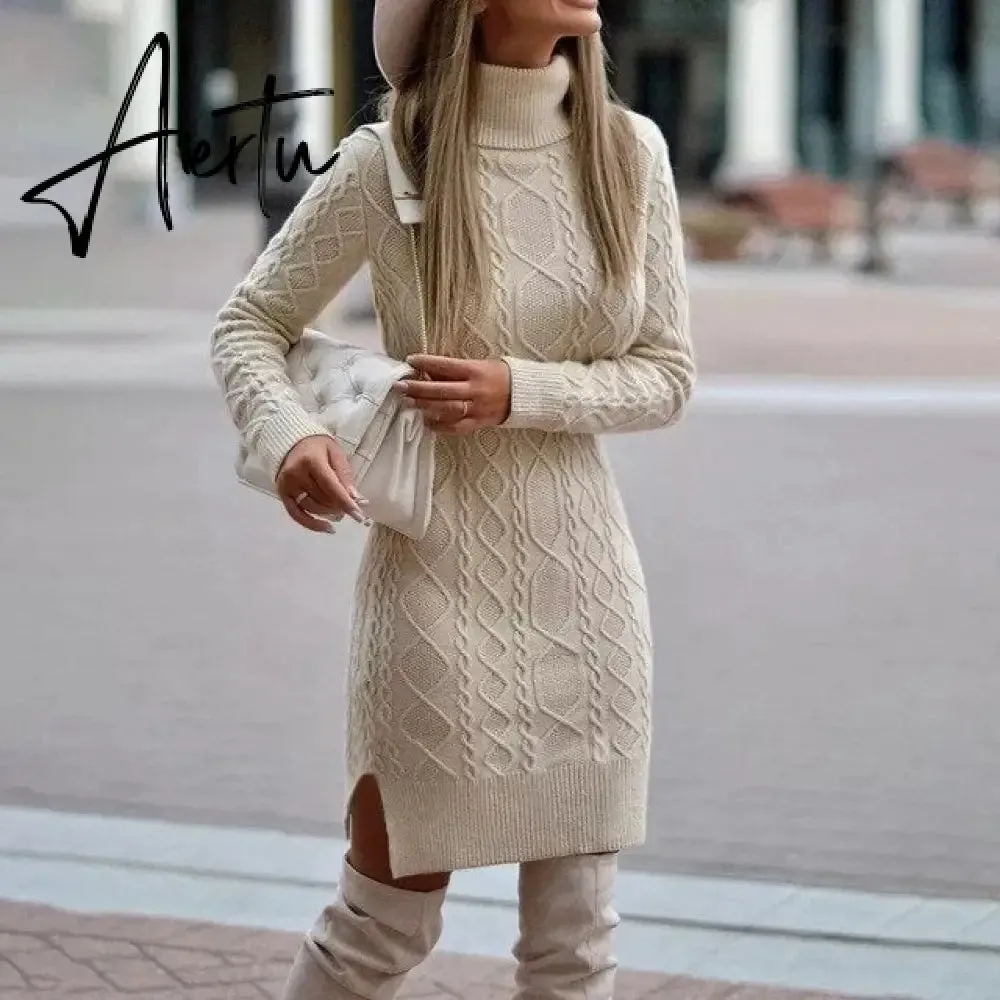 WEPBEL Women Elegant Autumn Winter Knitted Sweater Dress Casual Ladies Solid Color Long Sleeve Turtleneck Split Bodycon Dress