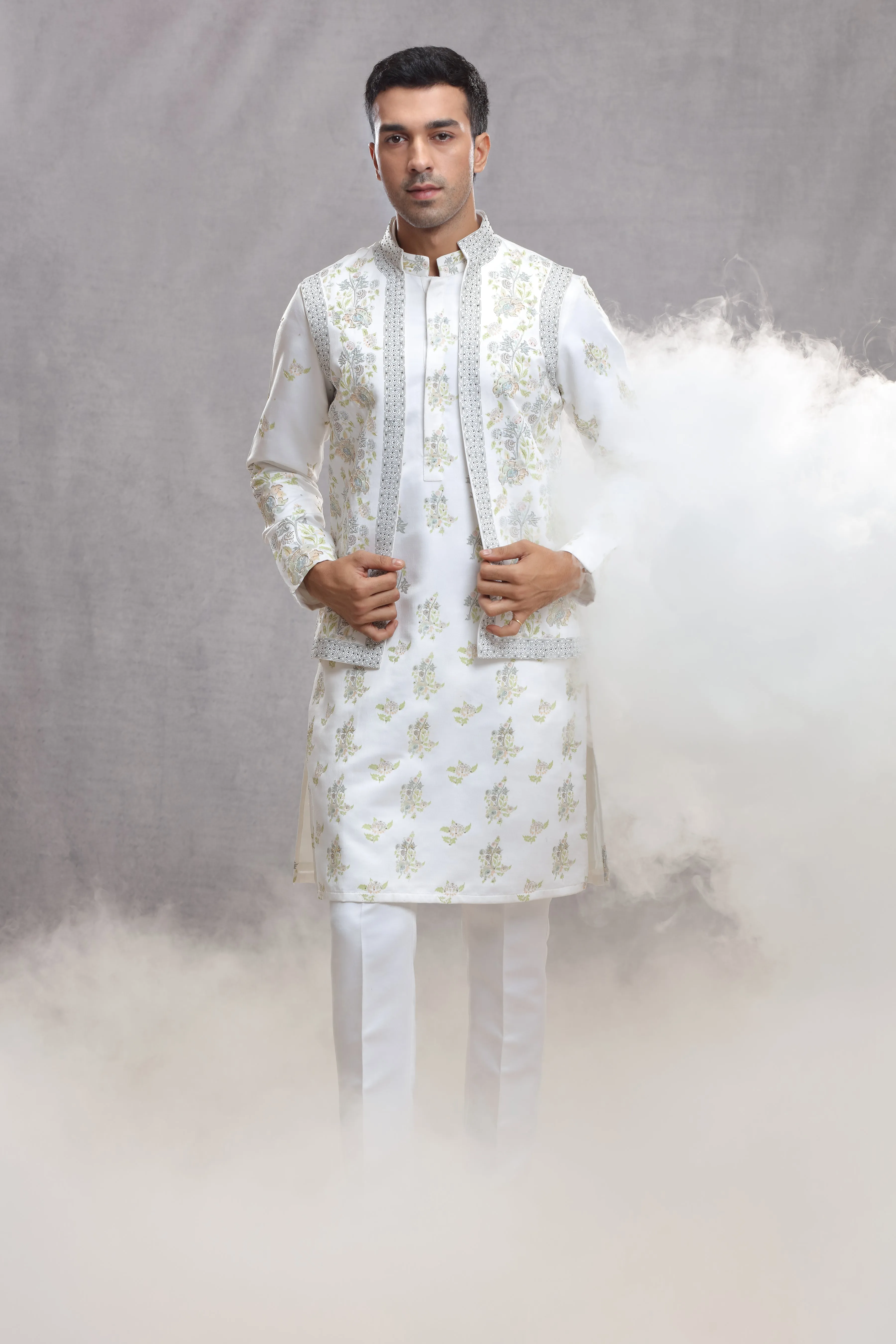 White Silk Koti & Kurta with Hand Paint & Embroidery