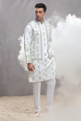 White Silk Koti & Kurta with Hand Paint & Embroidery