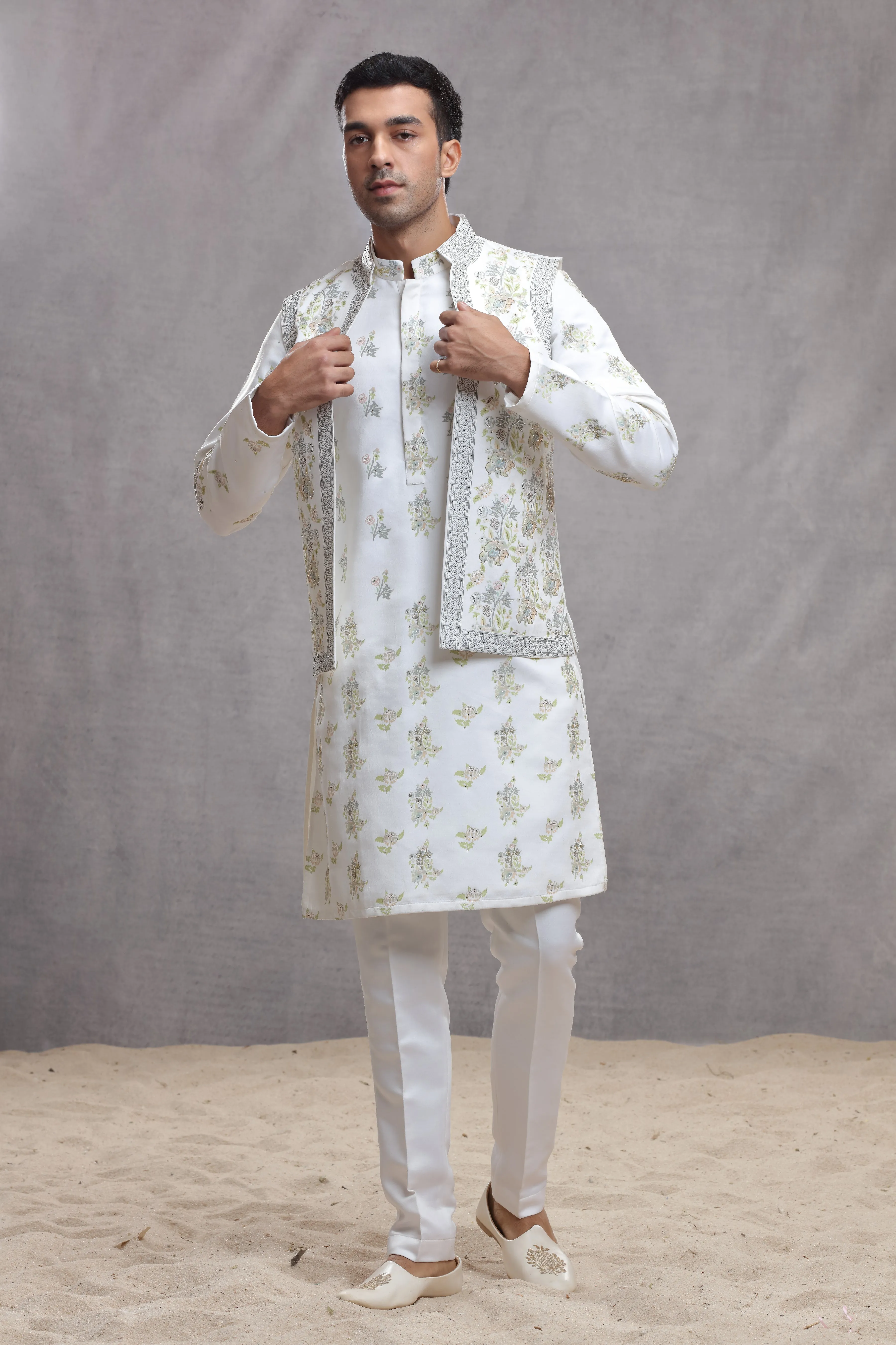 White Silk Koti & Kurta with Hand Paint & Embroidery