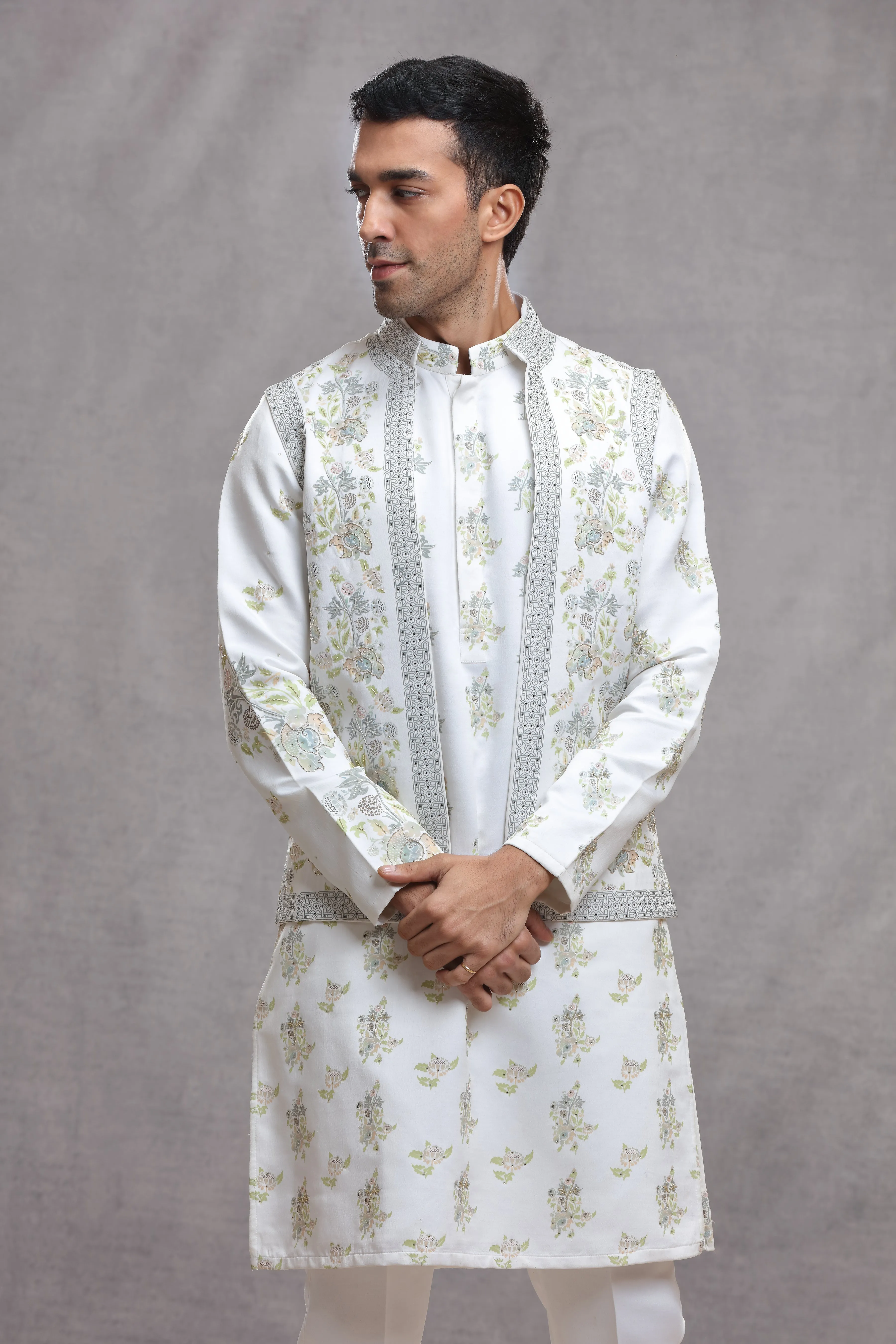 White Silk Koti & Kurta with Hand Paint & Embroidery