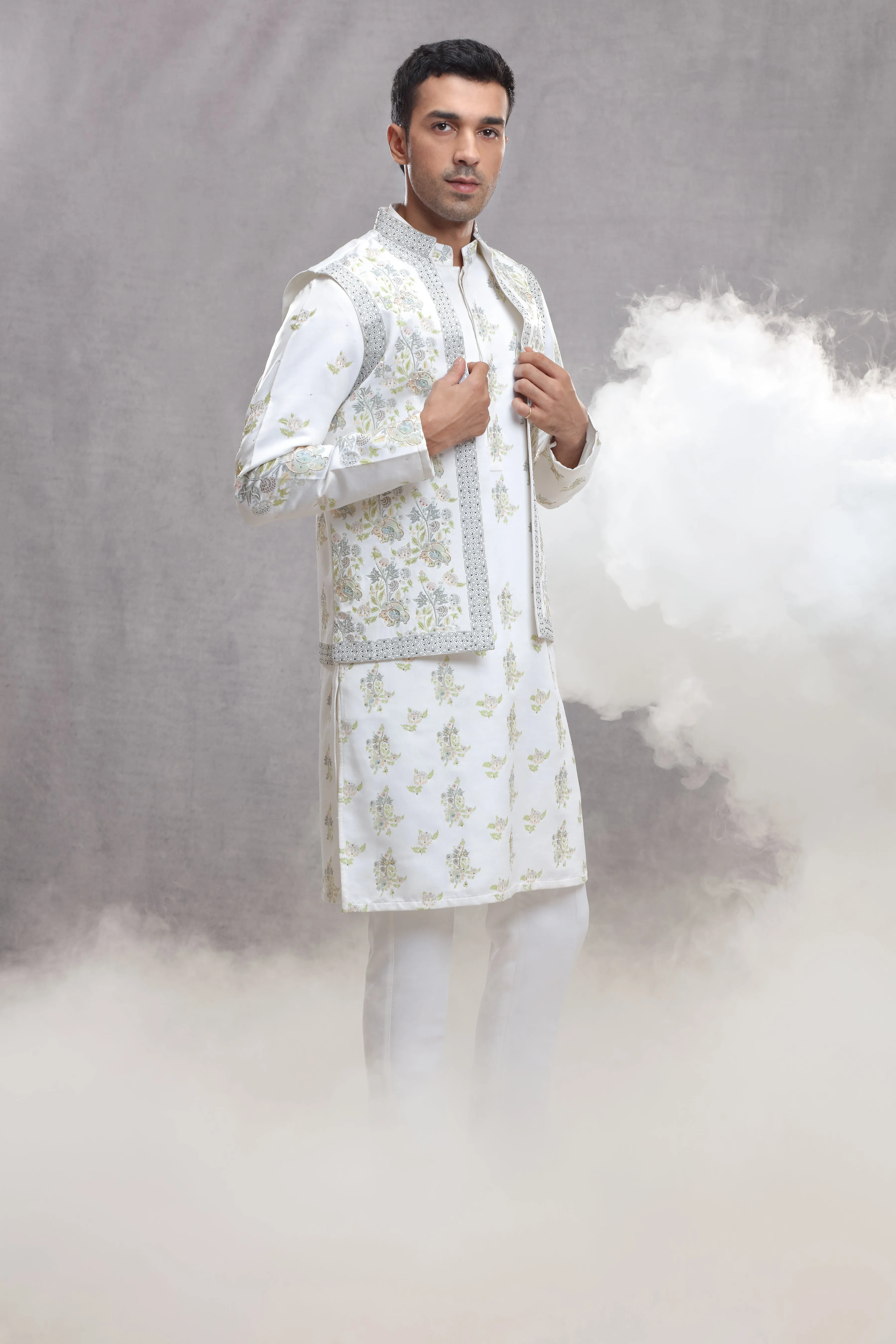 White Silk Koti & Kurta with Hand Paint & Embroidery