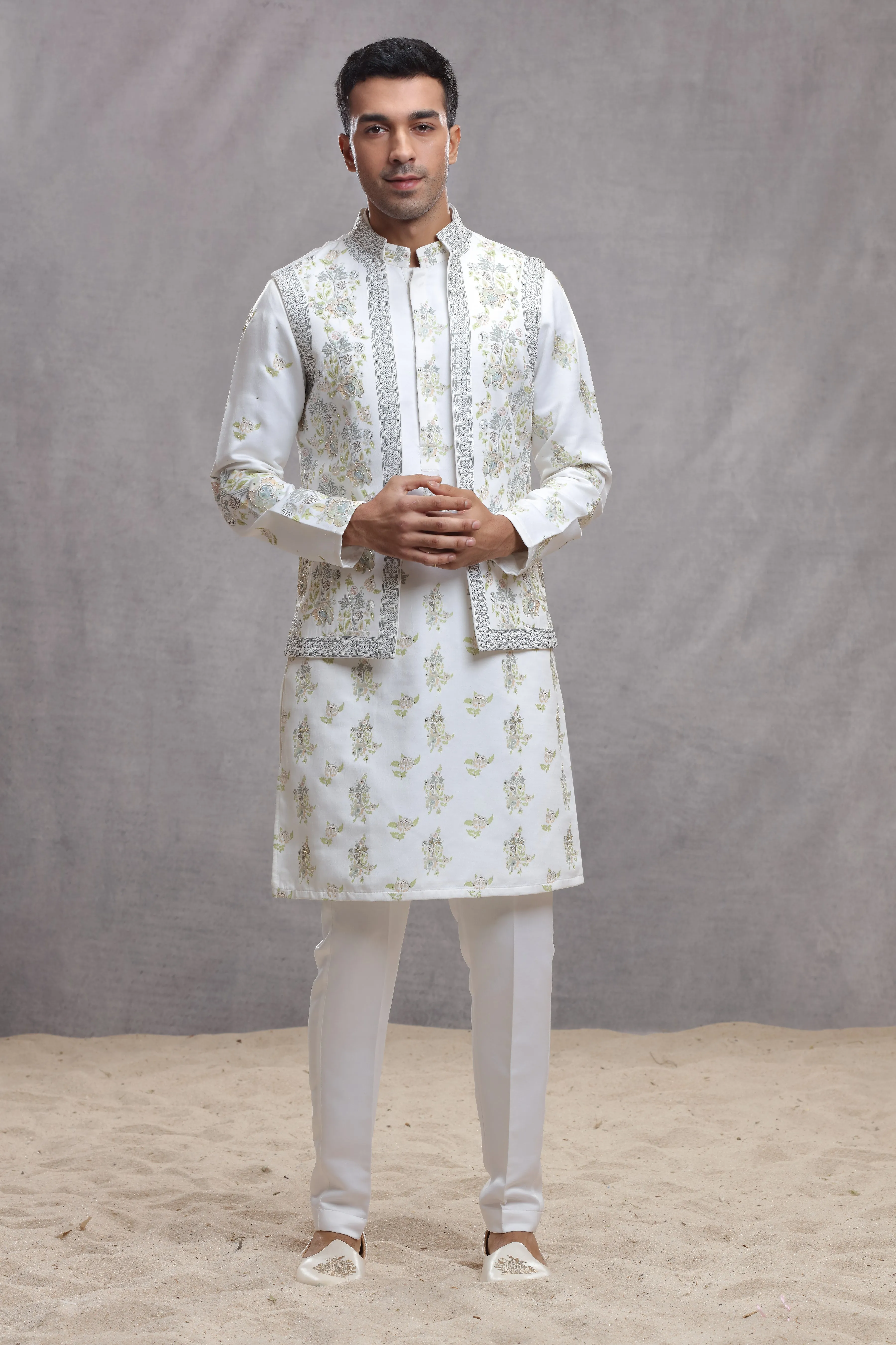 White Silk Koti & Kurta with Hand Paint & Embroidery