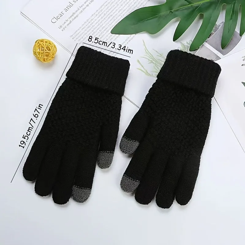 Winter Knit Warm Gloves, Solid Color Pineapple Pattern Jacquard Gloves, Short Thickened Warm Touchscreen Gloves