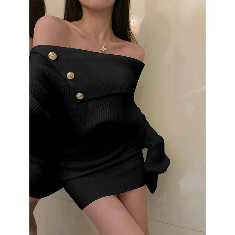 Wjczt White Knitted Mini Dress Women Fashion Sexy Black Slash Neck Wrap Sweater Dresses Winter Korean Elegant Bodycon A Line Vestidos