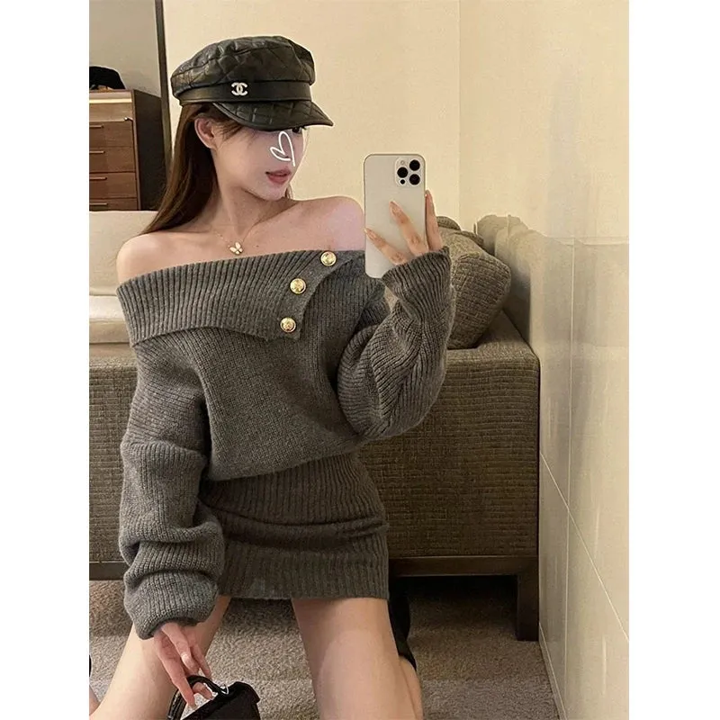 Wjczt White Knitted Mini Dress Women Fashion Sexy Black Slash Neck Wrap Sweater Dresses Winter Korean Elegant Bodycon A Line Vestidos