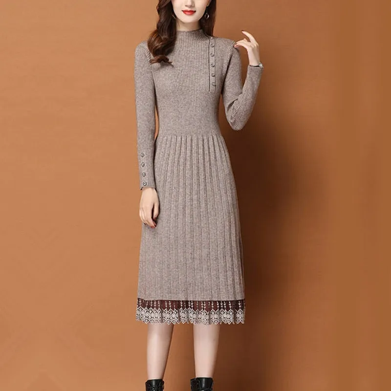 Women Autumn Winter Sweater Knitted a line Dress Ribbed Slim Elastic Long Sleeve Lady Bodycon Midi Dress - WD8144