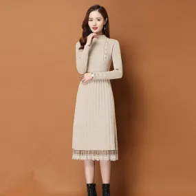 Women Autumn Winter Sweater Knitted a line Dress Ribbed Slim Elastic Long Sleeve Lady Bodycon Midi Dress - WD8144