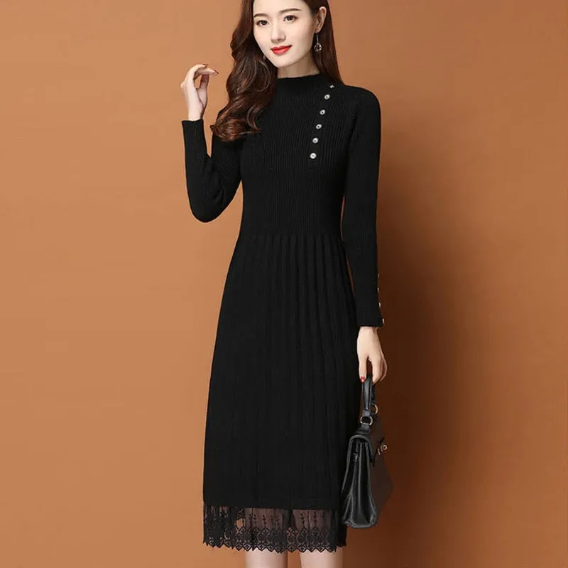 Women Autumn Winter Sweater Knitted a line Dress Ribbed Slim Elastic Long Sleeve Lady Bodycon Midi Dress - WD8144