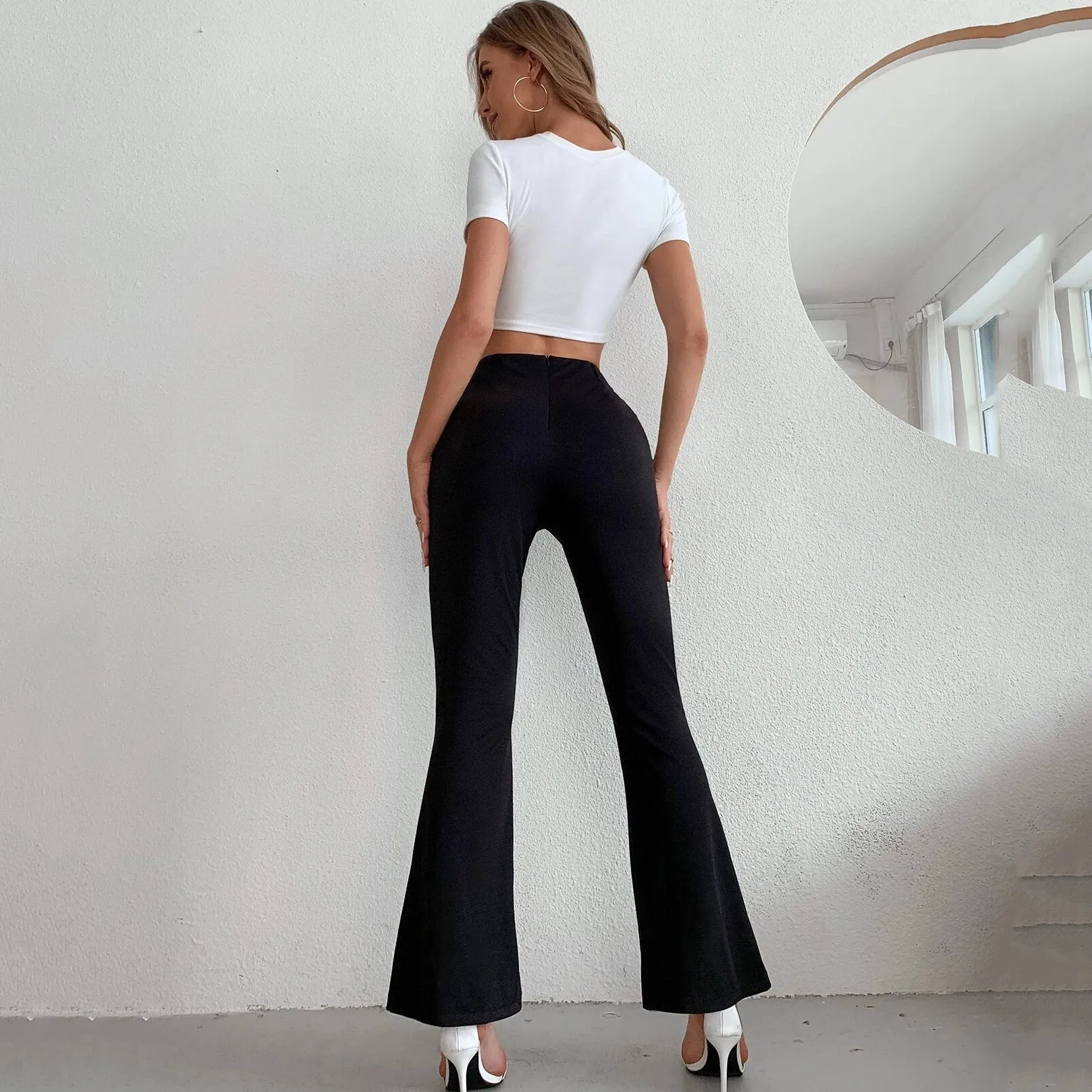 Women Clothing Spring Autumn Cropped Pants Women Bell-Bottom Pants High Waist Slimming Front Slit Casual Pants Women