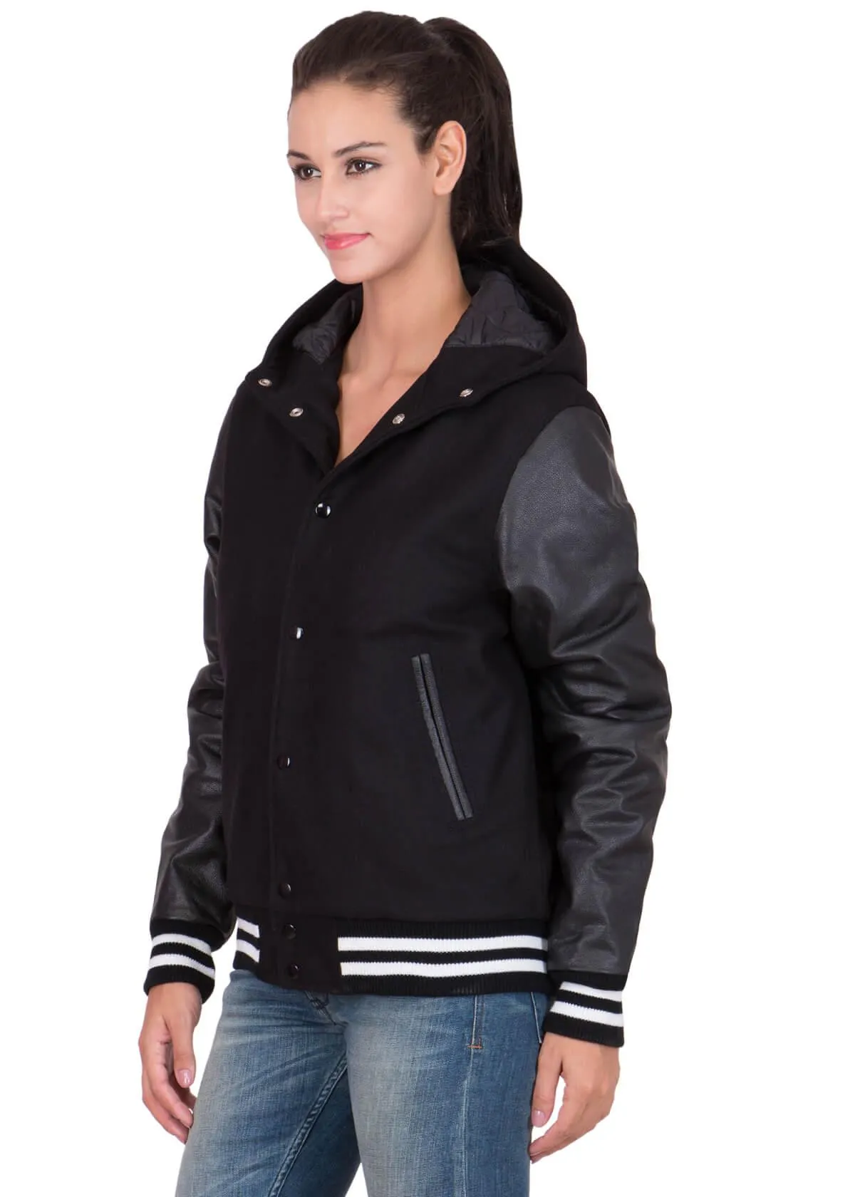 Womens Black Hood Varsity Jacket With Leather Sleeves