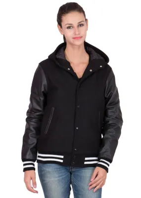 Womens Black Hood Varsity Jacket With Leather Sleeves