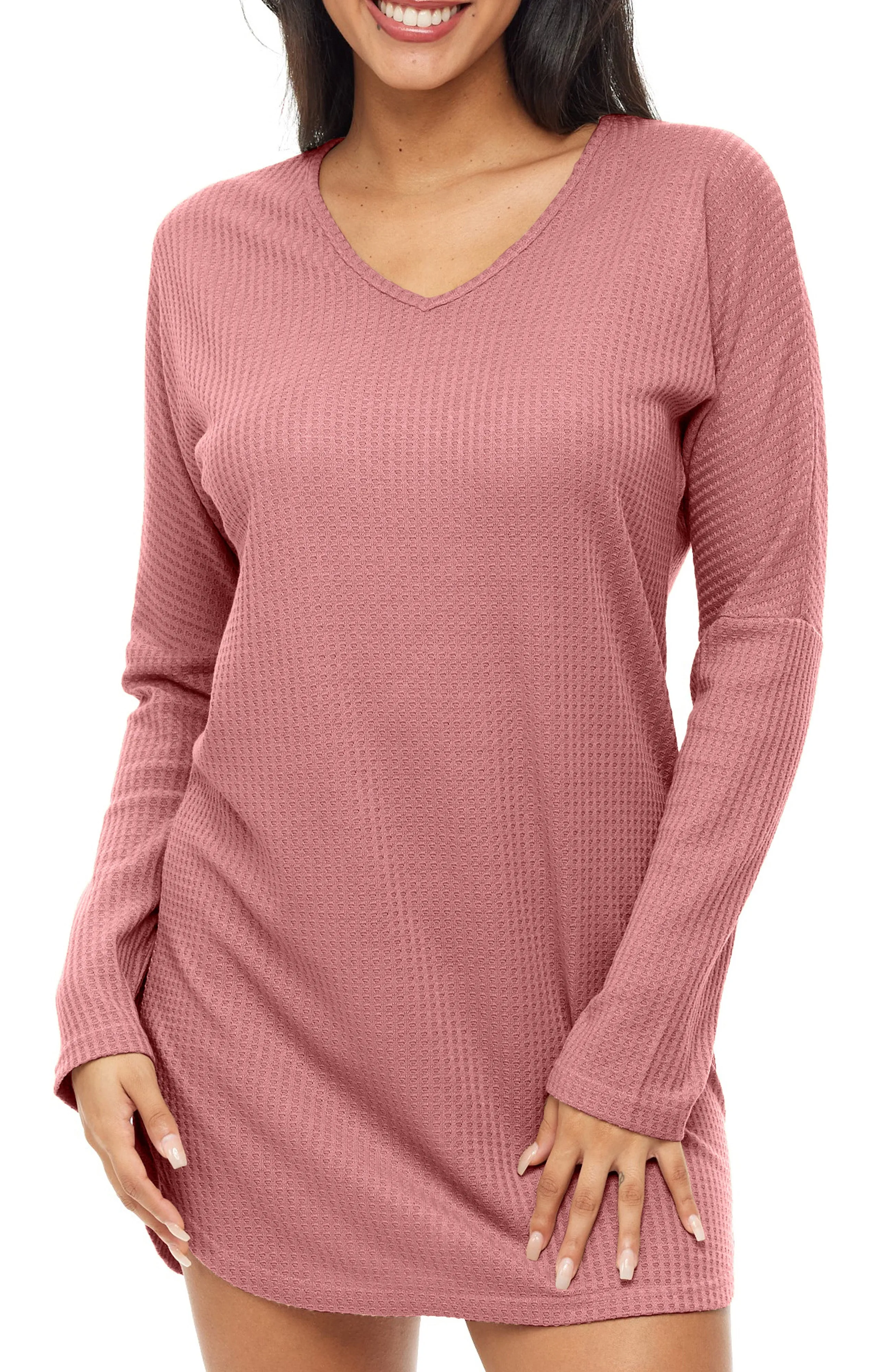 Women's Long Sleeve Knit Nightshirt, V-Neck Sleepshirt, Pajama Top