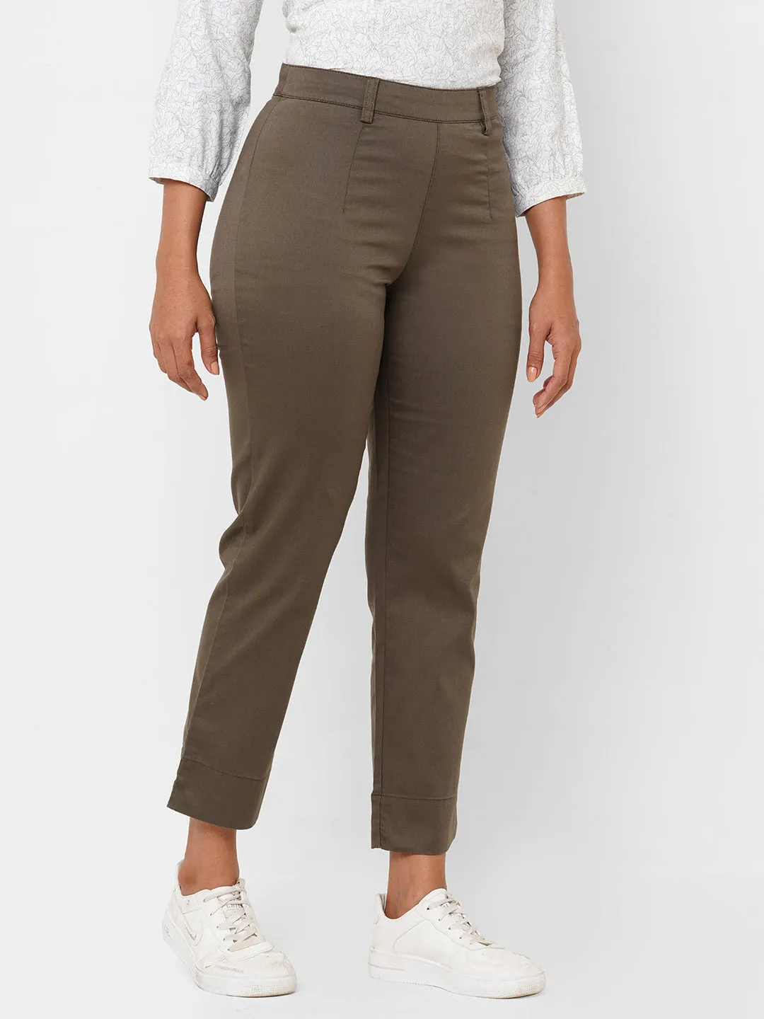 Women's Olive Cotton Lycra Regular Fit Pant