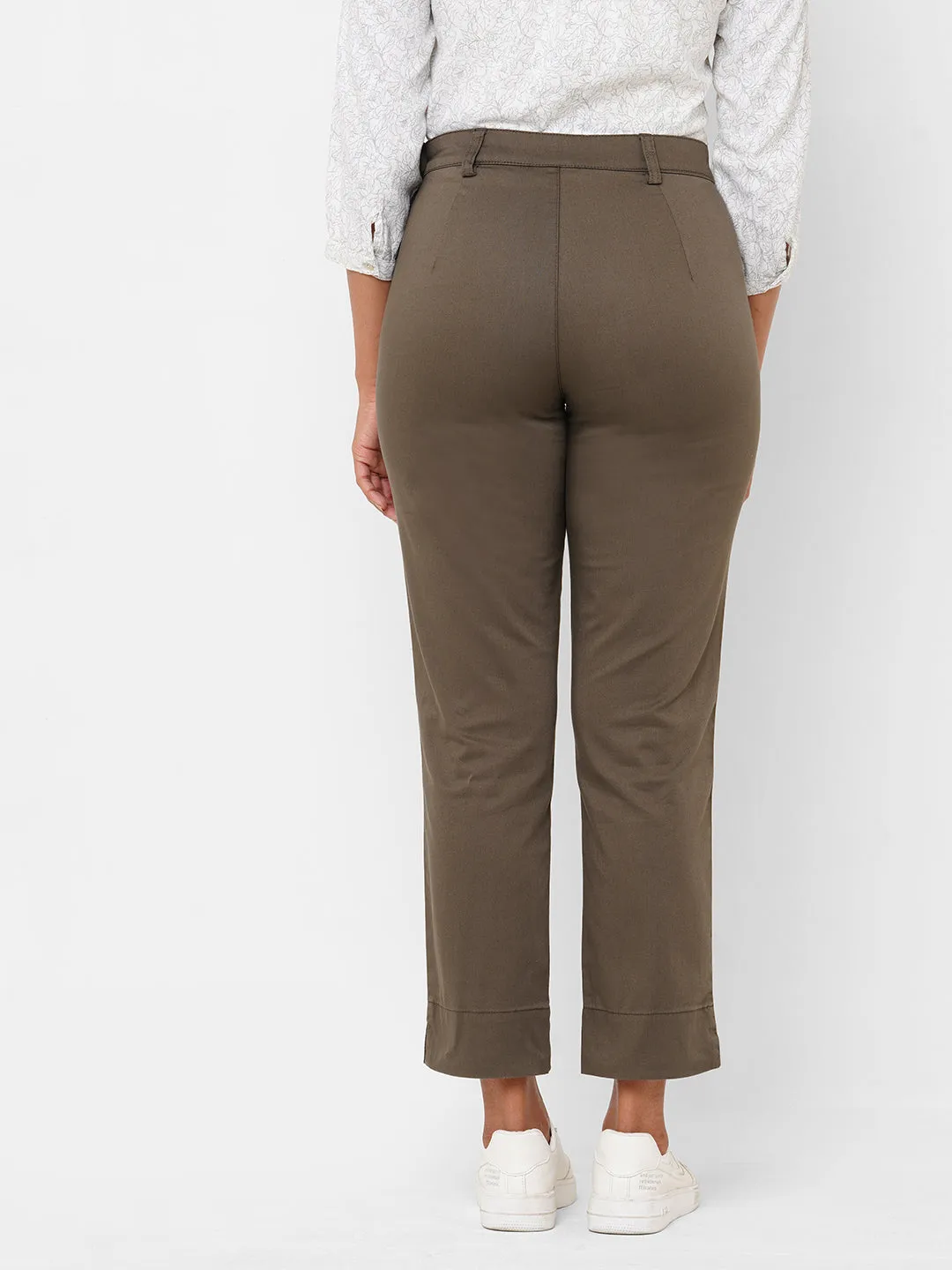 Women's Olive Cotton Lycra Regular Fit Pant