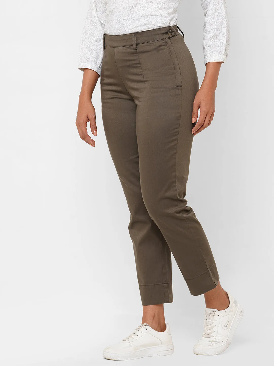 Women's Olive Cotton Lycra Regular Fit Pant