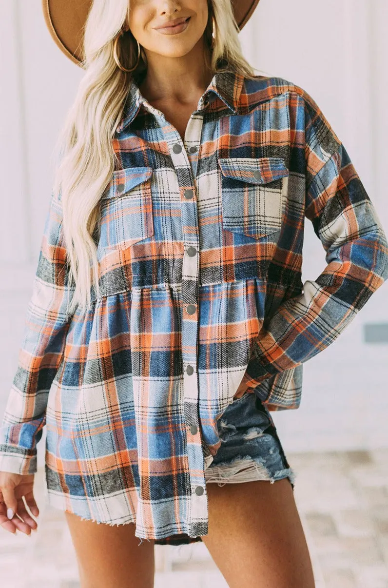 Womens Plaid Shacket Button Down Shirt Ruffled Jacket