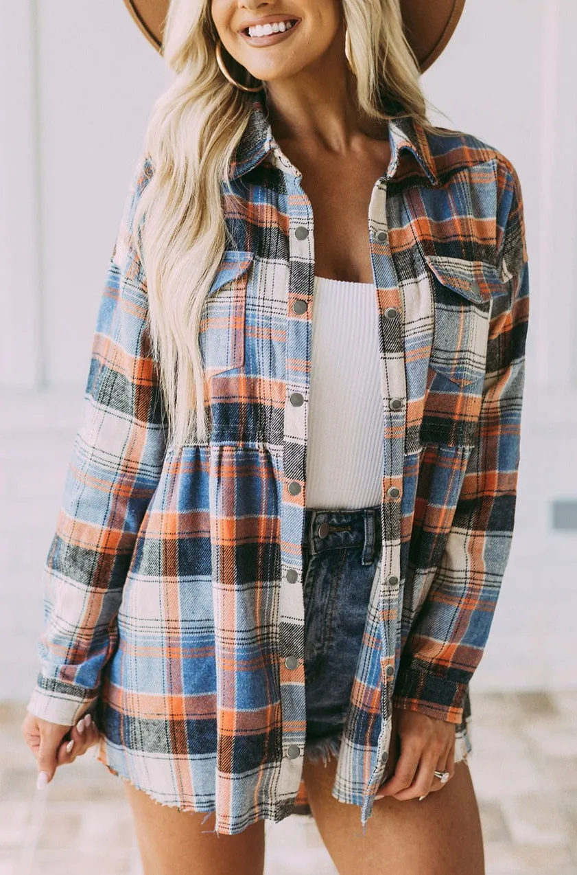 Womens Plaid Shacket Button Down Shirt Ruffled Jacket