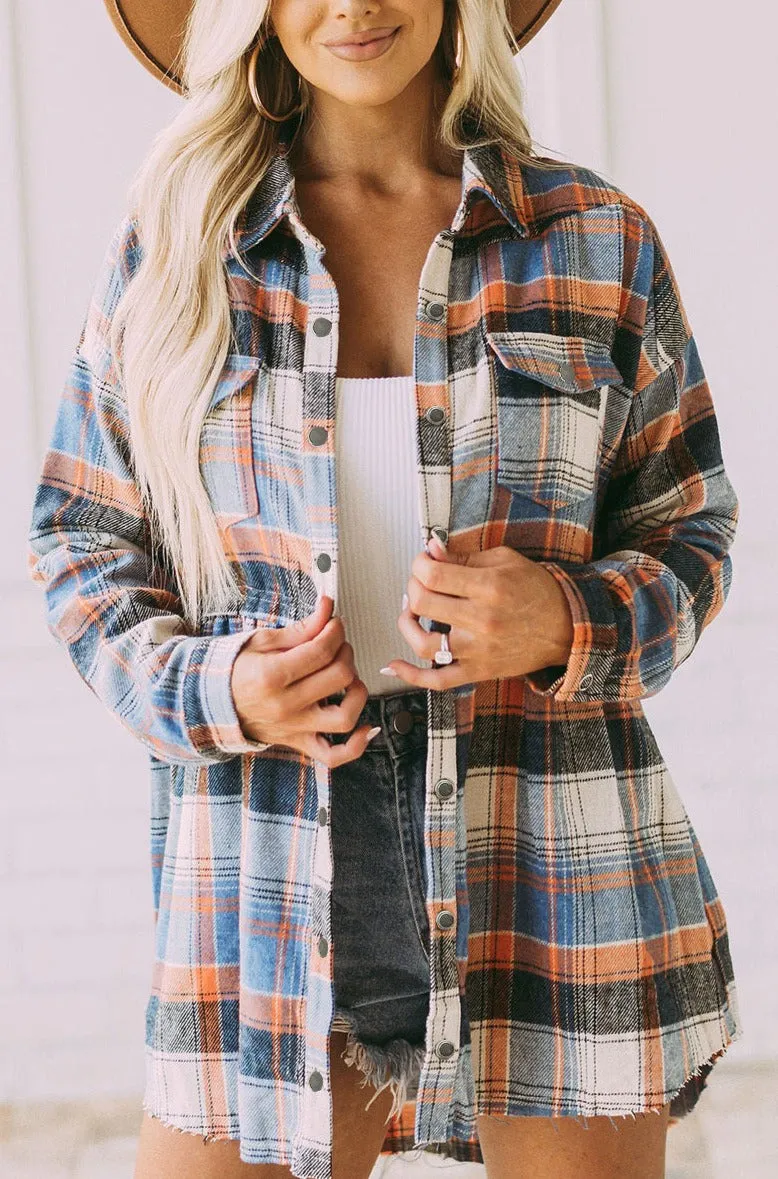 Womens Plaid Shacket Button Down Shirt Ruffled Jacket