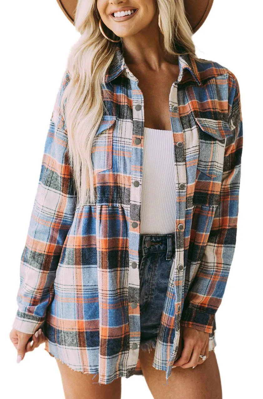 Womens Plaid Shacket Button Down Shirt Ruffled Jacket