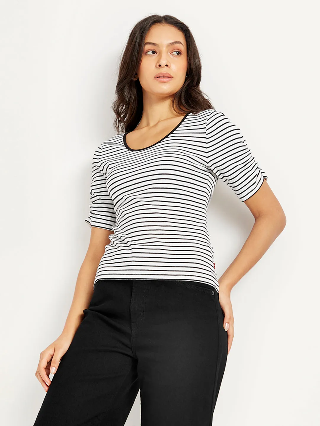 Women's Striped Black Scoop Neck Top