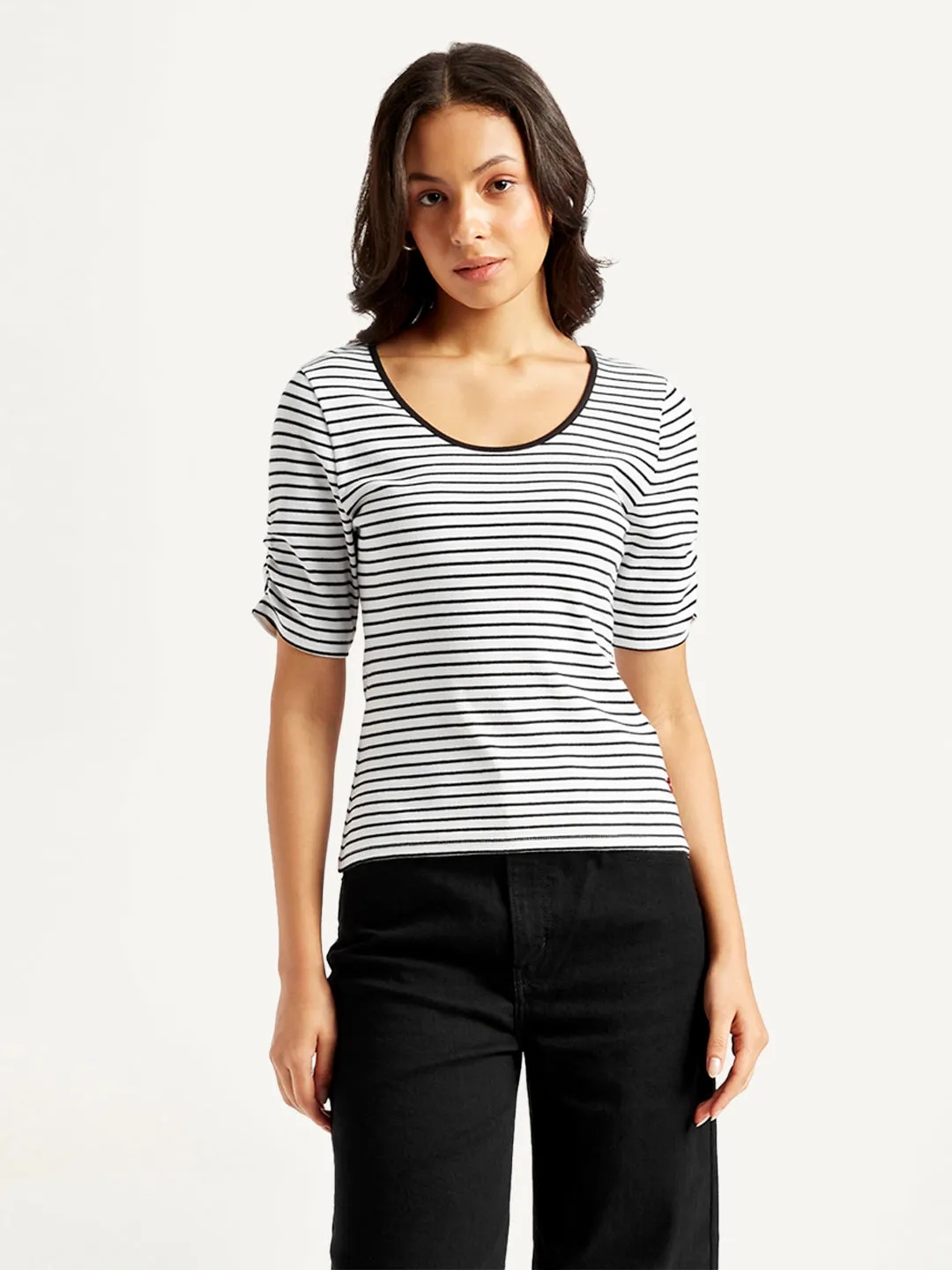 Women's Striped Black Scoop Neck Top