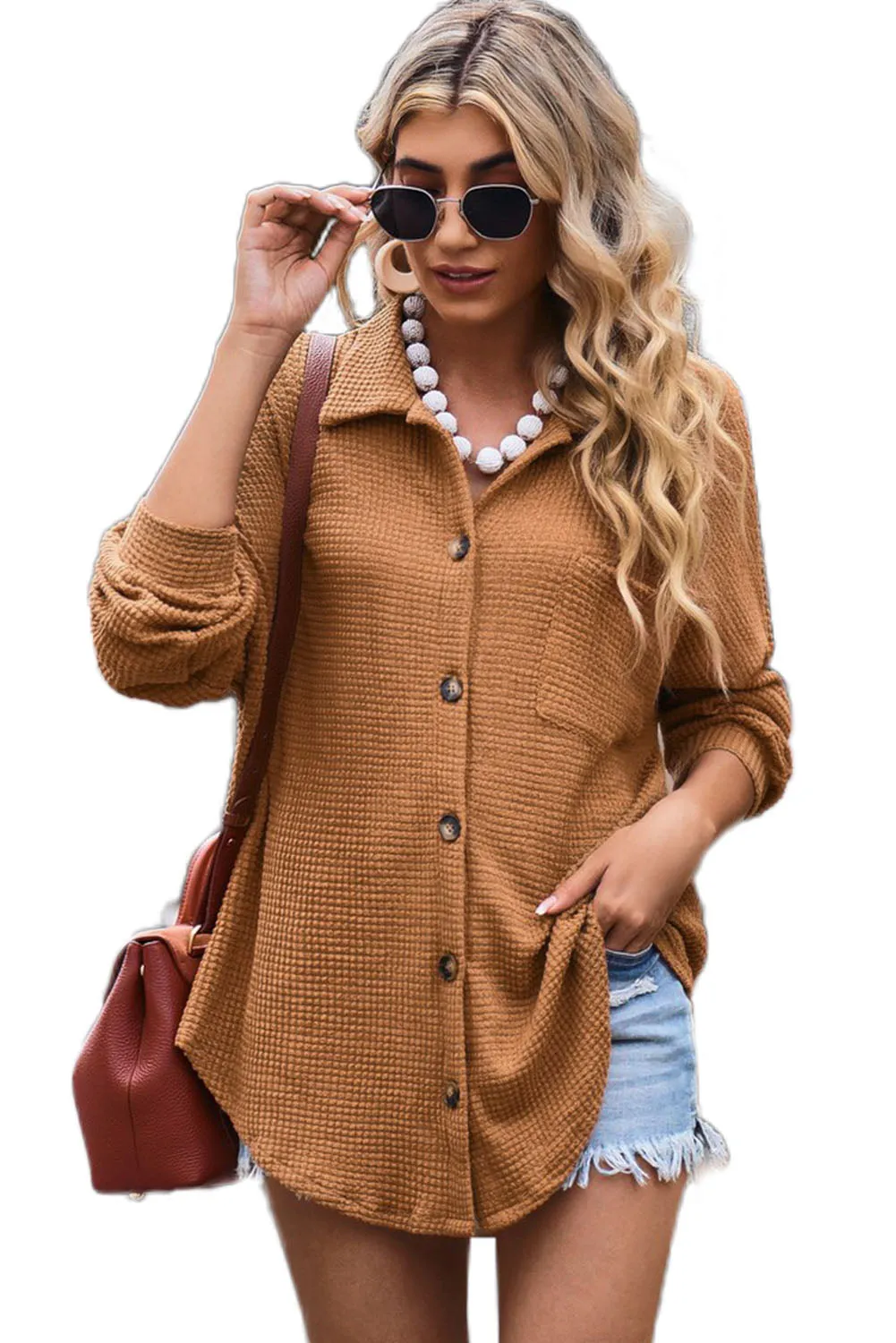 Womens Waffle Knit Shacket Jacket Button Up Casual Blouse Shirt with Pockets