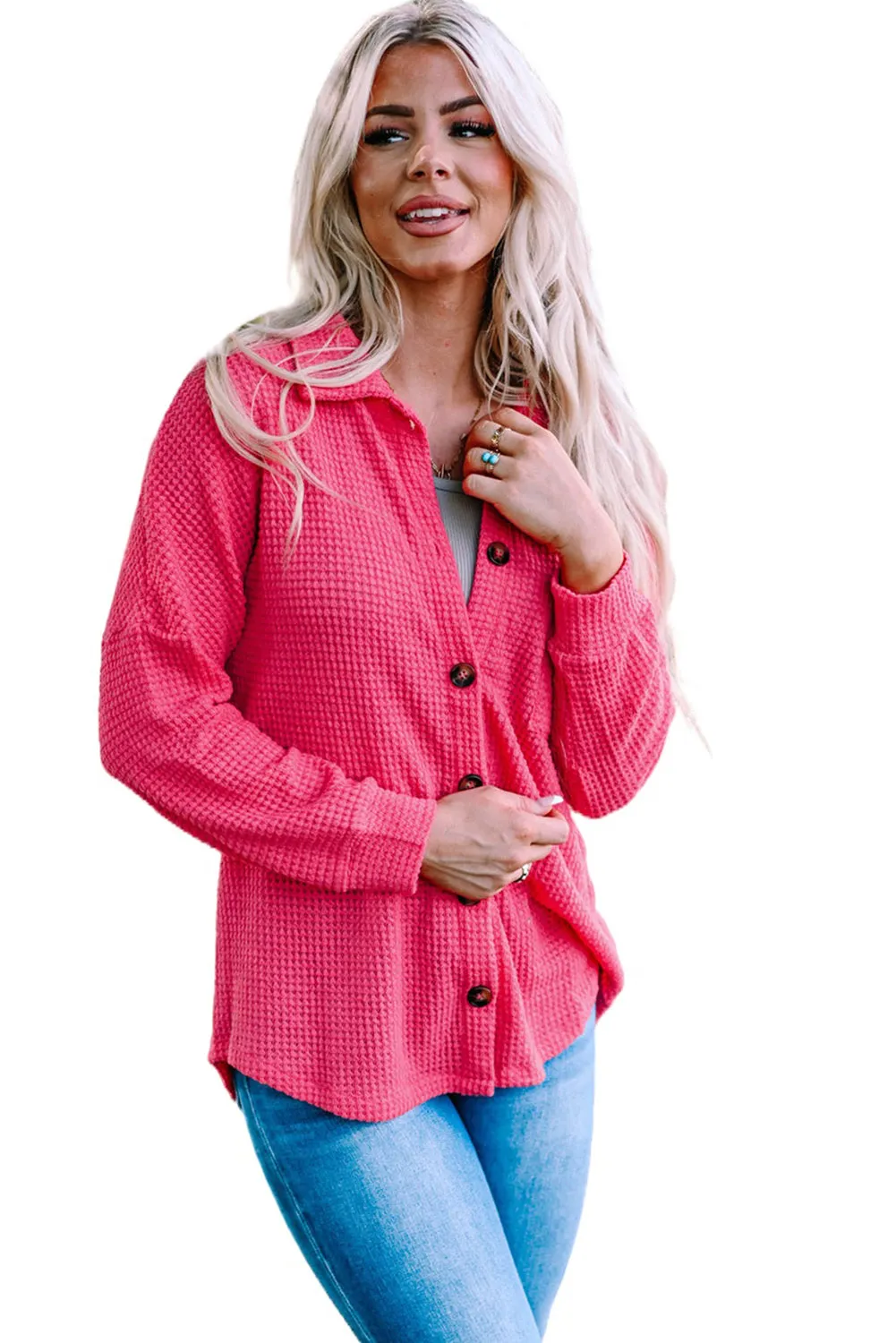 Womens Waffle Knit Shacket Jacket Button Up Casual Blouse Shirt with Pockets