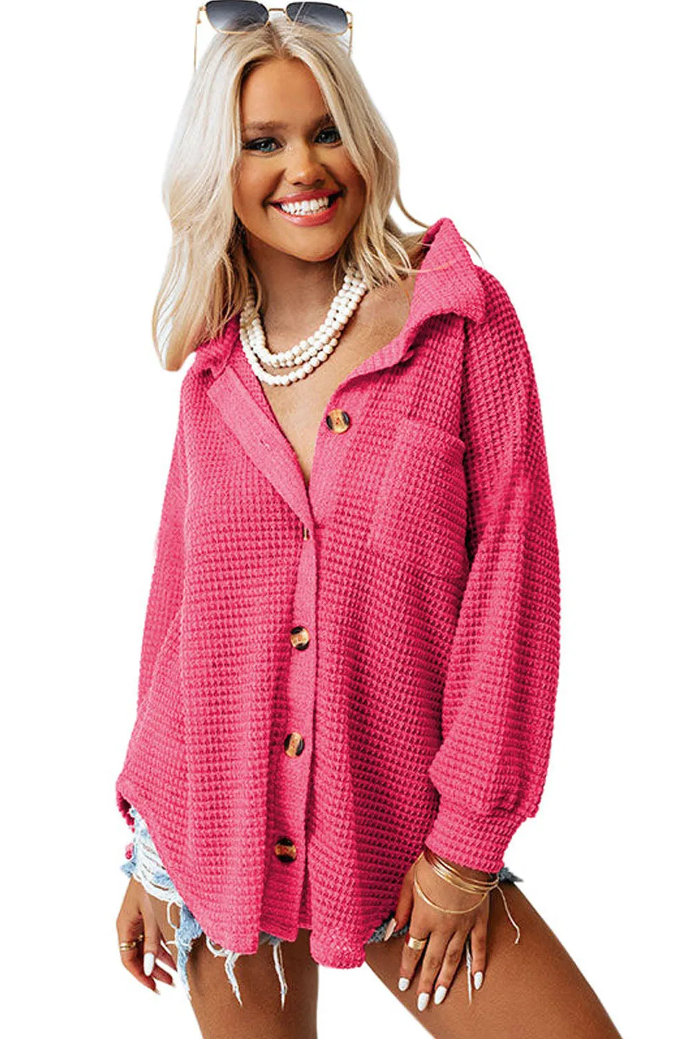 Womens Waffle Knit Shacket Jacket Button Up Casual Blouse Shirt with Pockets