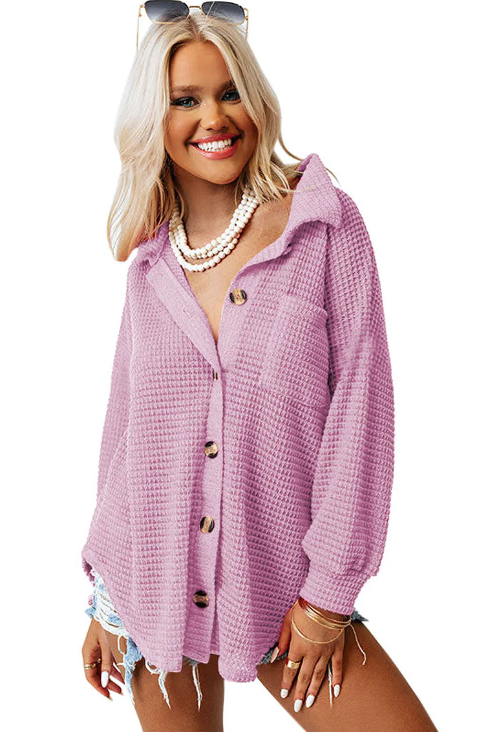 Womens Waffle Knit Shacket Jacket Button Up Casual Blouse Shirt with Pockets