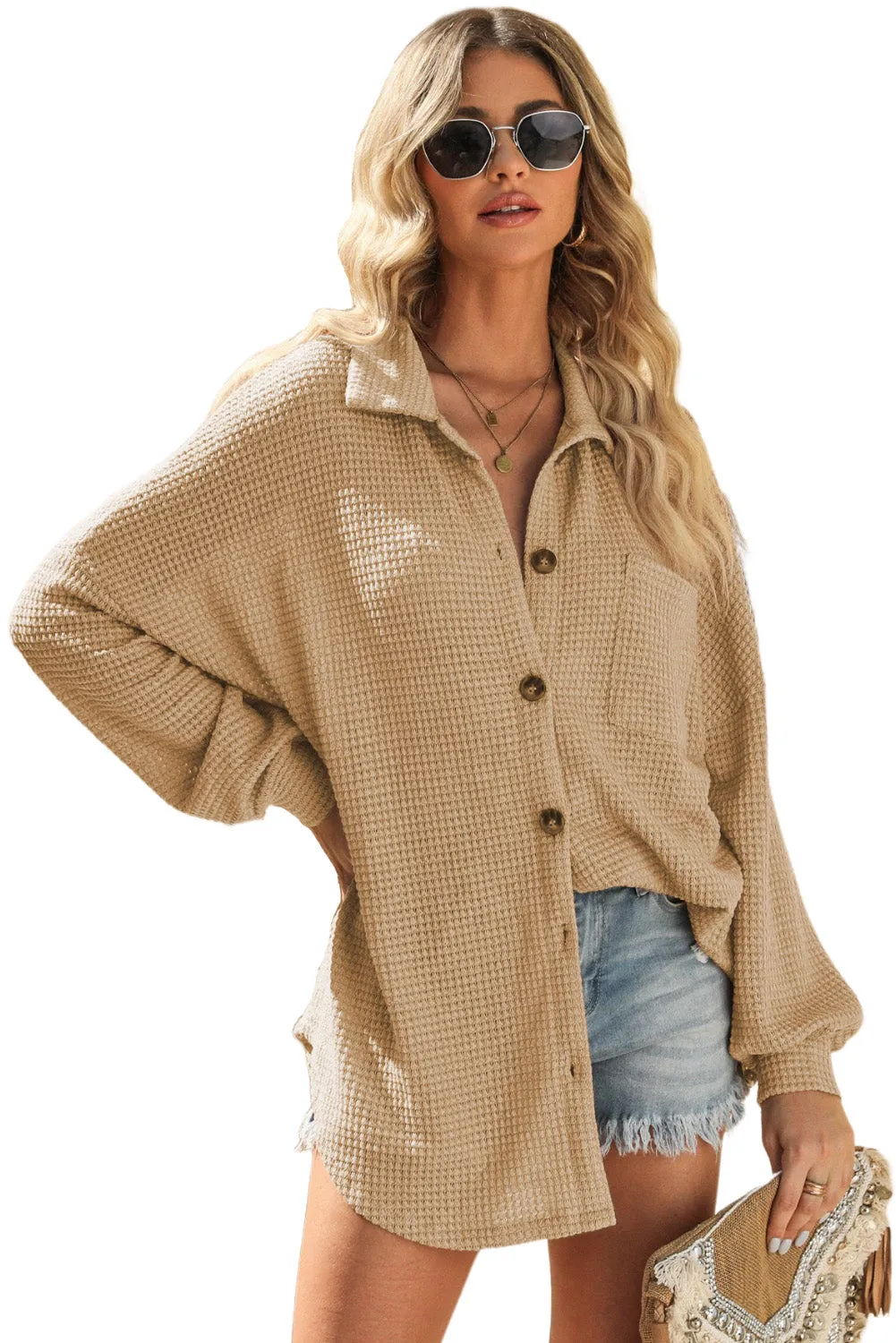 Womens Waffle Knit Shacket Jacket Button Up Casual Blouse Shirt with Pockets