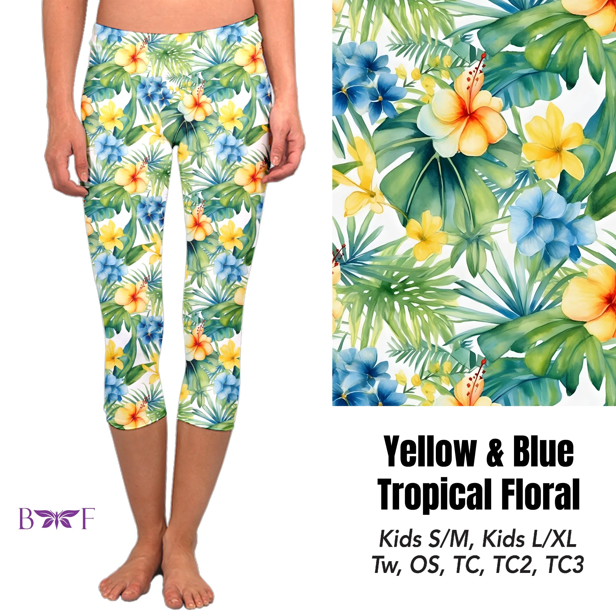 Yellow & blue tropical floral capris with pockets