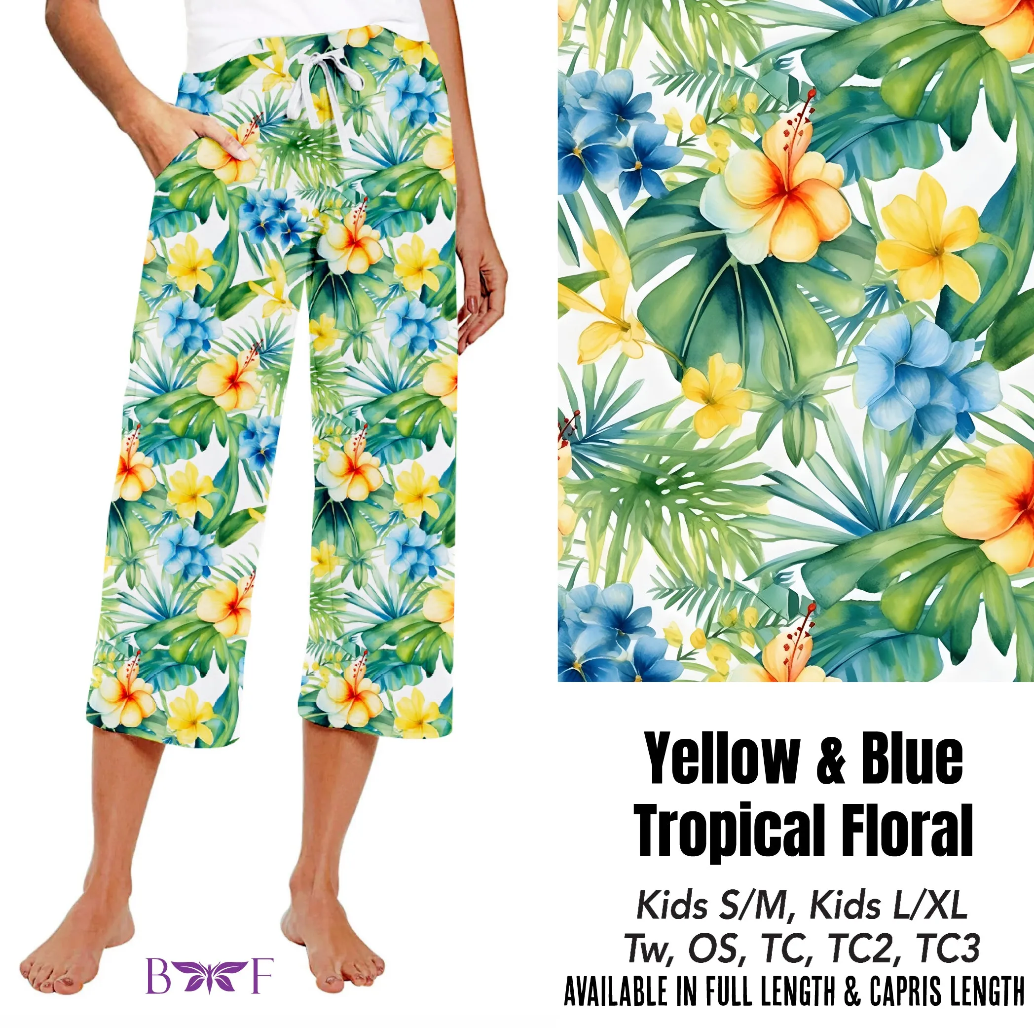 Yellow & blue tropical floral capris with pockets