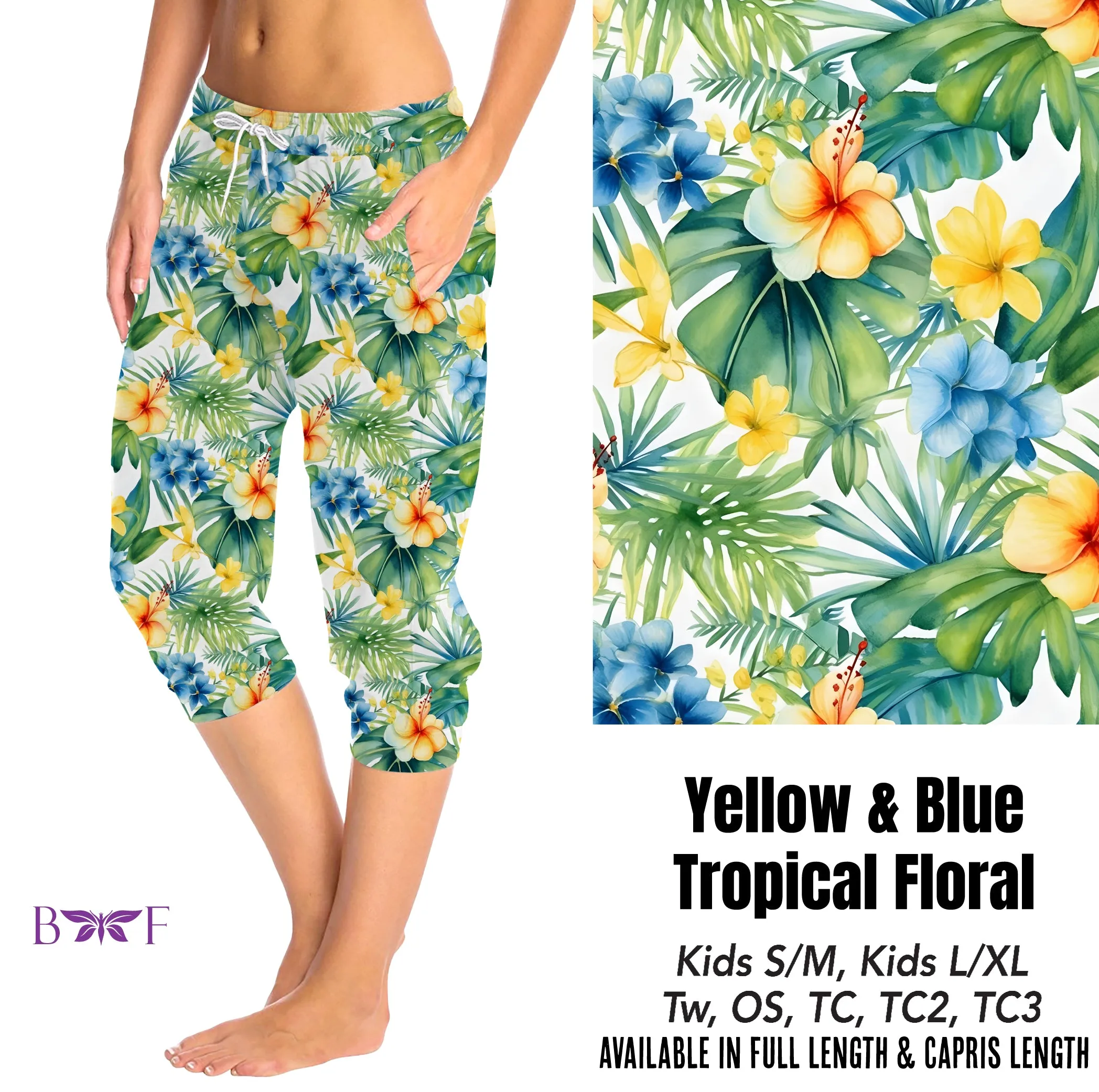 Yellow & blue tropical floral capris with pockets