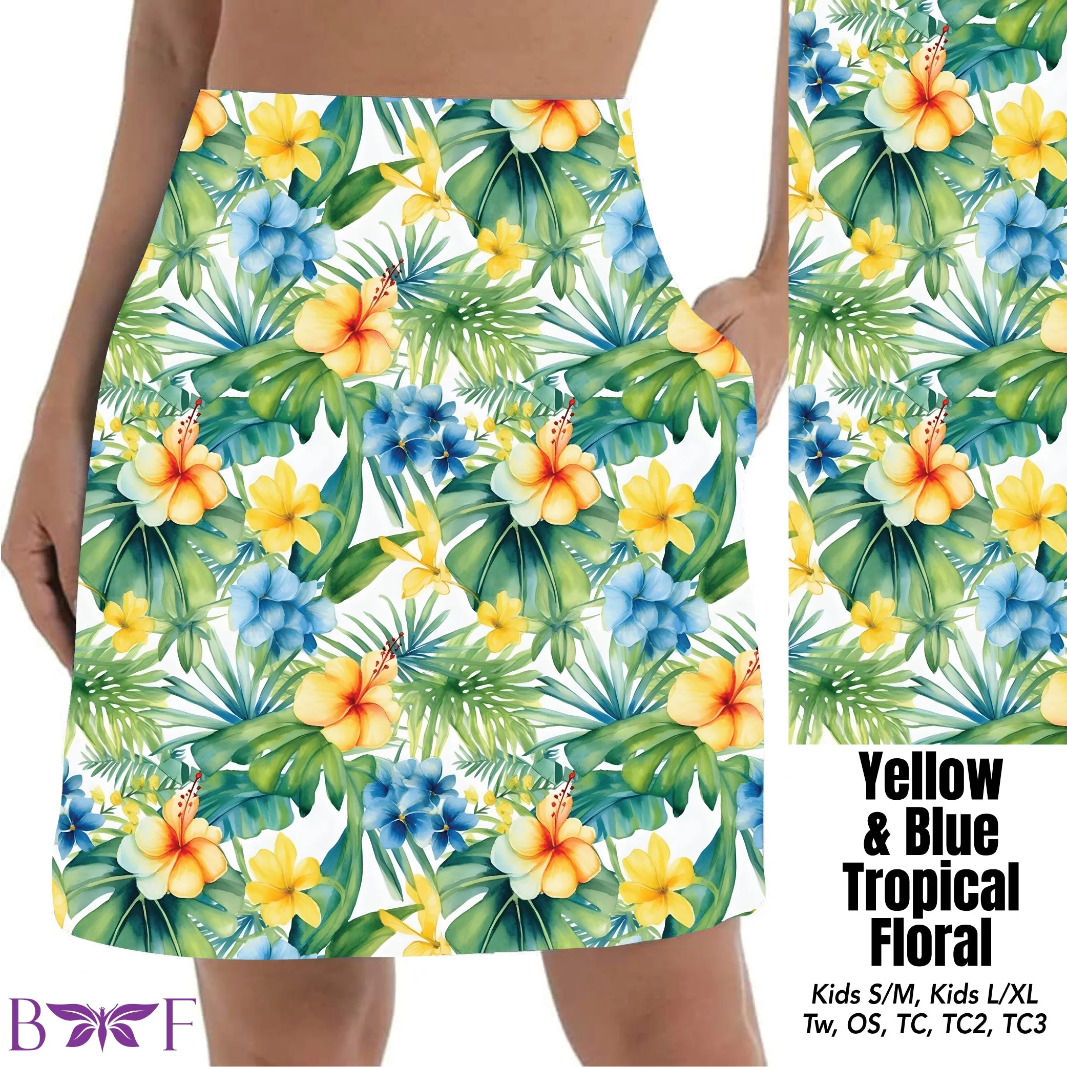 Yellow & blue tropical floral capris with pockets